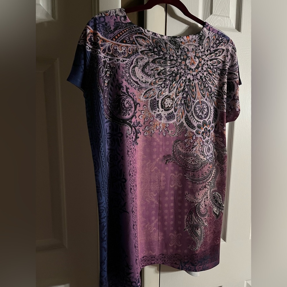New Directions Purple Graphic Cap Sleeve Blouse - Picture 2 of 5